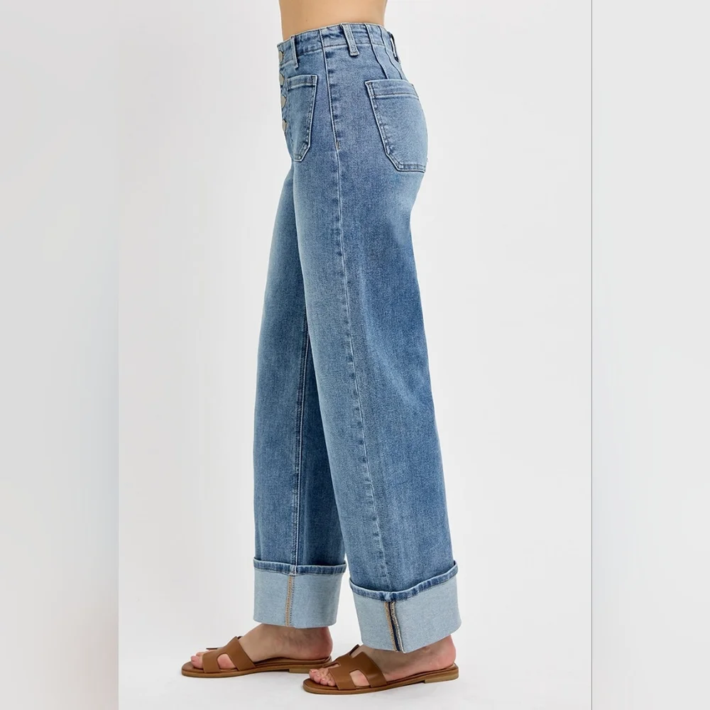Risen HR Medium Wash Button Fly Patch Pocket Cuffed Wide Leg Jeans Various NEW - Picture 3 of 6